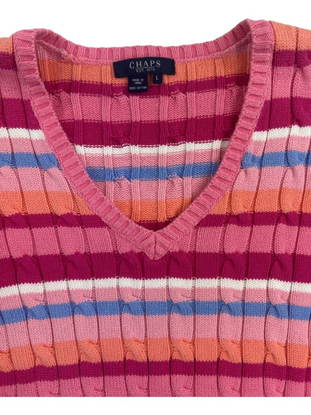 Chaps Women’s L V-Neck Cable Knit Sweater Striped Cotton Multicolor - Picture 2 of 10